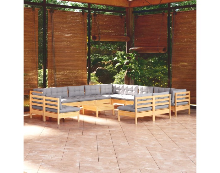 Sonata Set mobilier grădină cu perne, 14 piese, gri, lemn masiv pin