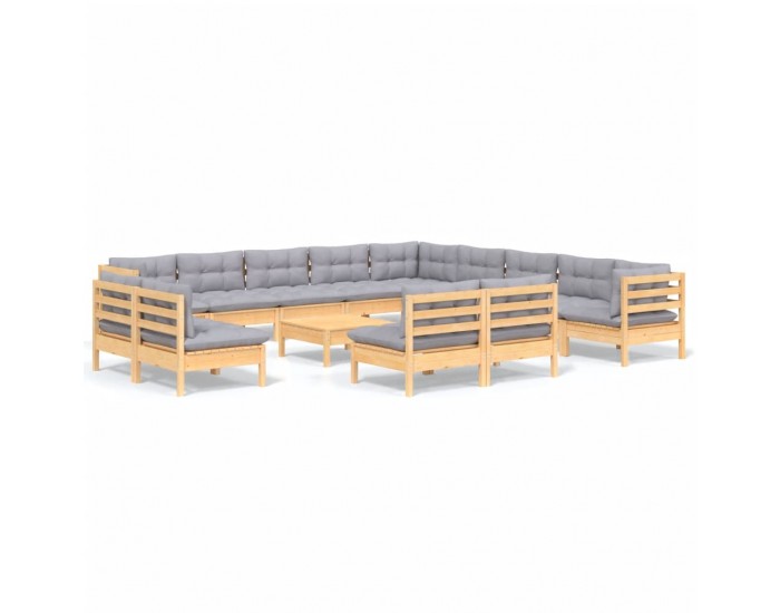 Sonata Set mobilier grădină cu perne, 14 piese, gri, lemn masiv pin