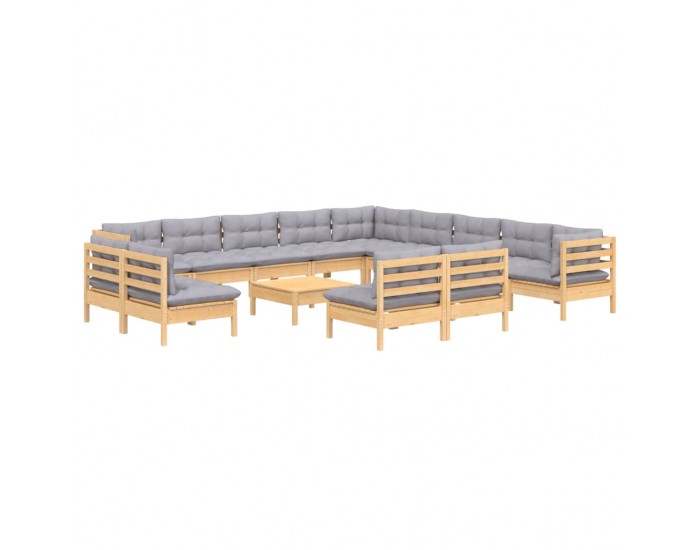 Sonata Set mobilier grădină cu perne, 14 piese, gri, lemn masiv pin