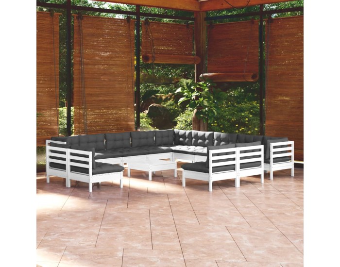 Sonata Set mobilier grădină cu perne, 14 piese, alb, lemn masiv pin