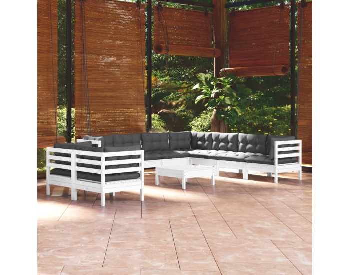 Sonata Set mobilier grădină cu perne, 10 piese, alb, lemn masiv pin