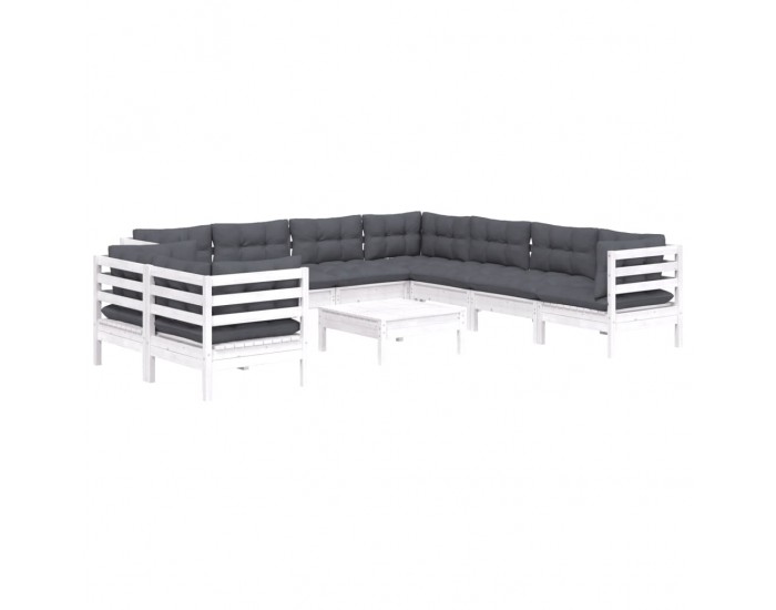Sonata Set mobilier grădină cu perne, 10 piese, alb, lemn masiv pin