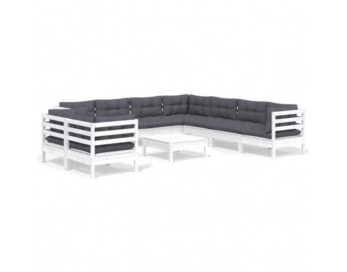 Sonata Set mobilier grădină cu perne, 10 piese, alb, lemn masiv pin