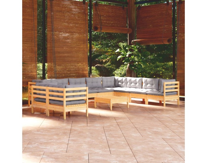 Sonata Set mobilier de grădină cu perne, 11 piese, gri, lemn masiv pin