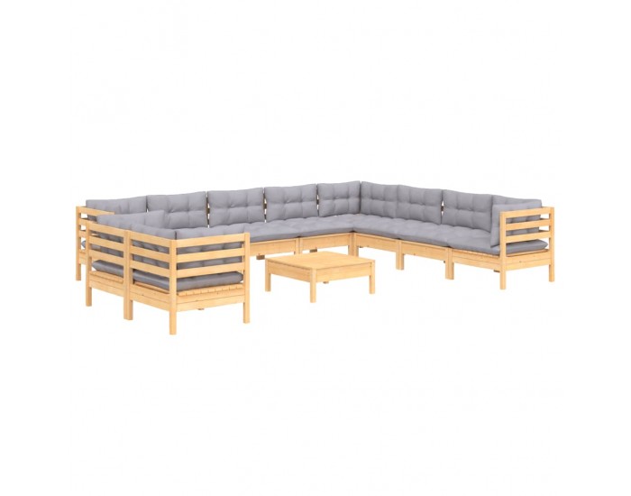 Sonata Set mobilier de grădină cu perne, 11 piese, gri, lemn masiv pin