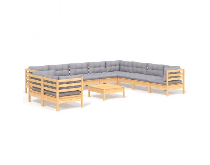 Sonata Set mobilier de grădină cu perne, 11 piese, gri, lemn masiv pin