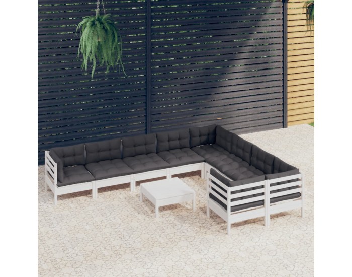 Sonata Set mobilier grădină cu perne, 10 piese, alb, lemn de pin