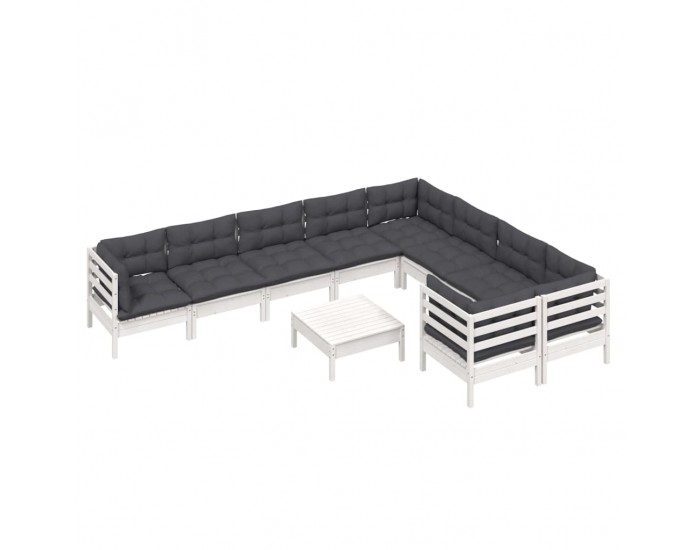 Sonata Set mobilier grădină cu perne, 10 piese, alb, lemn de pin