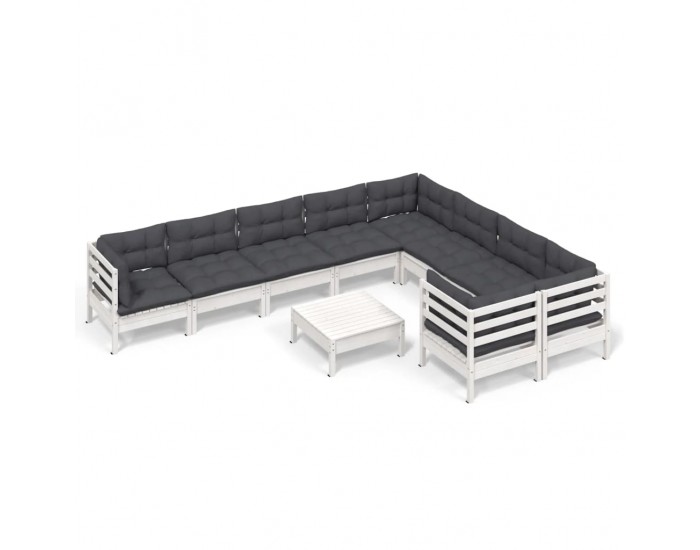 Sonata Set mobilier grădină cu perne, 10 piese, alb, lemn de pin
