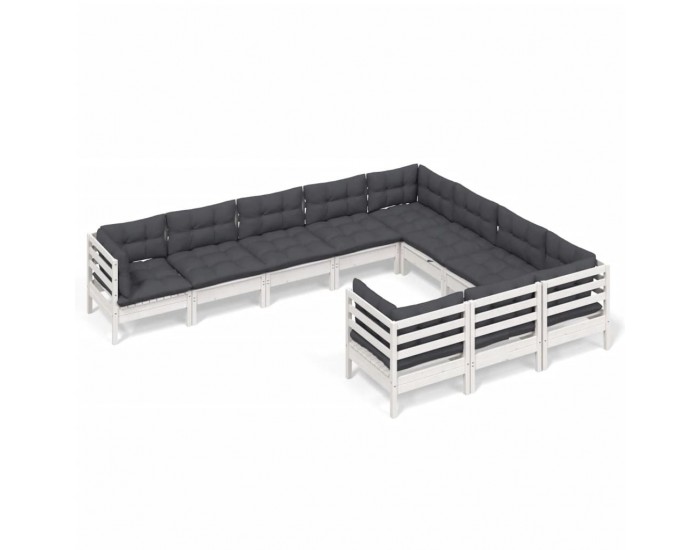 Sonata Set mobilier grădină cu perne, 10 piese, alb, lemn de pin