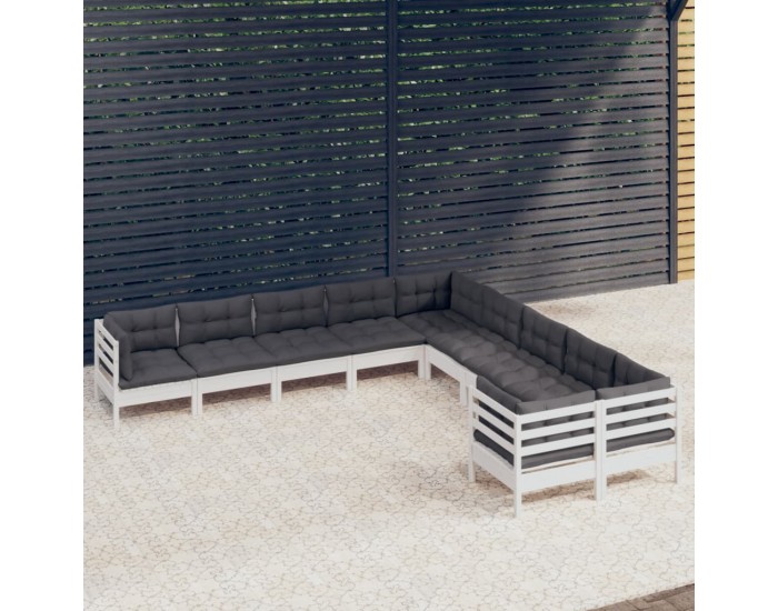 Sonata Set mobilier grădină cu perne, 10 piese, alb, lemn de pin