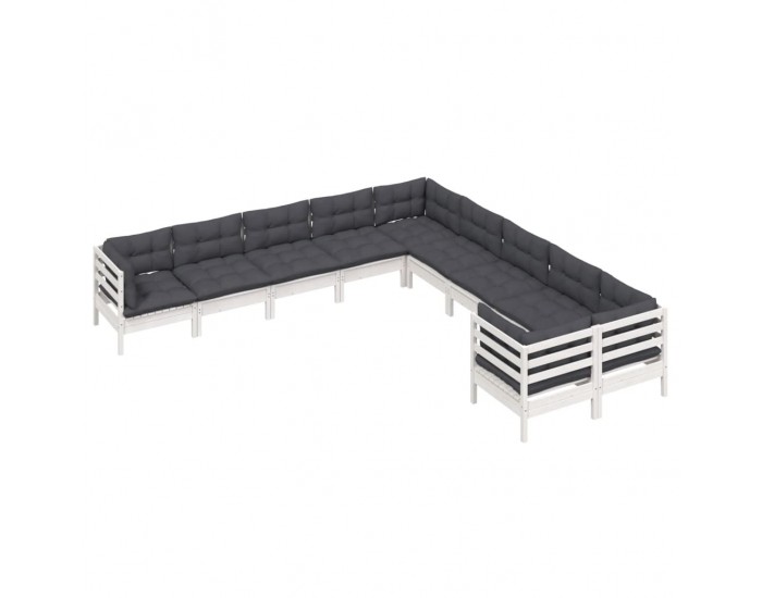 Sonata Set mobilier grădină cu perne, 10 piese, alb, lemn de pin