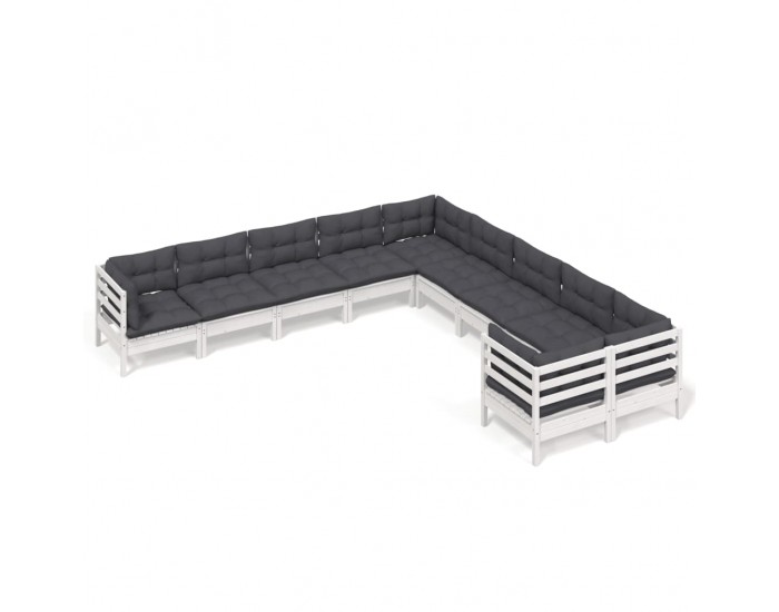Sonata Set mobilier grădină cu perne, 10 piese, alb, lemn de pin