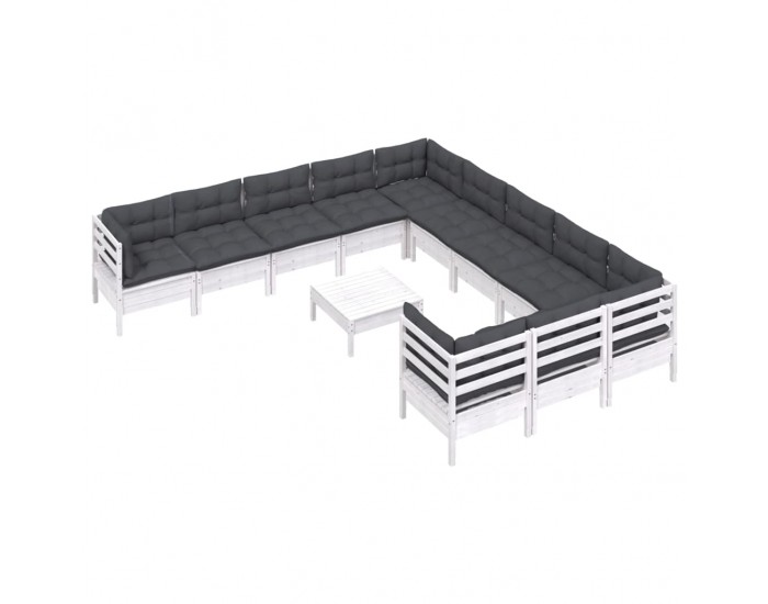 Sonata Set mobilier grădină cu perne, 12 piese, alb, lemn de pin