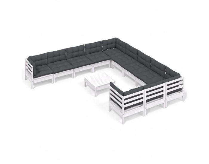Sonata Set mobilier grădină cu perne, 12 piese, alb, lemn de pin