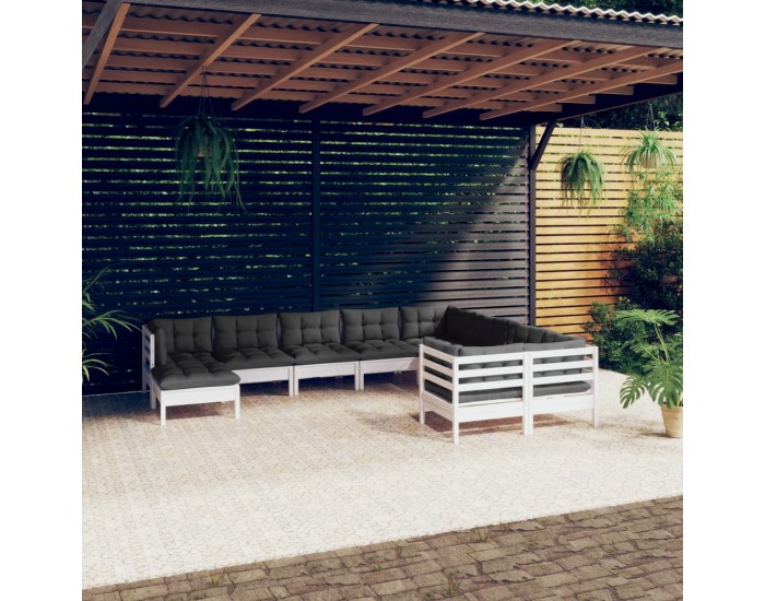 Sonata Set mobilier grădină cu perne, 10 piese, alb, lemn de pin