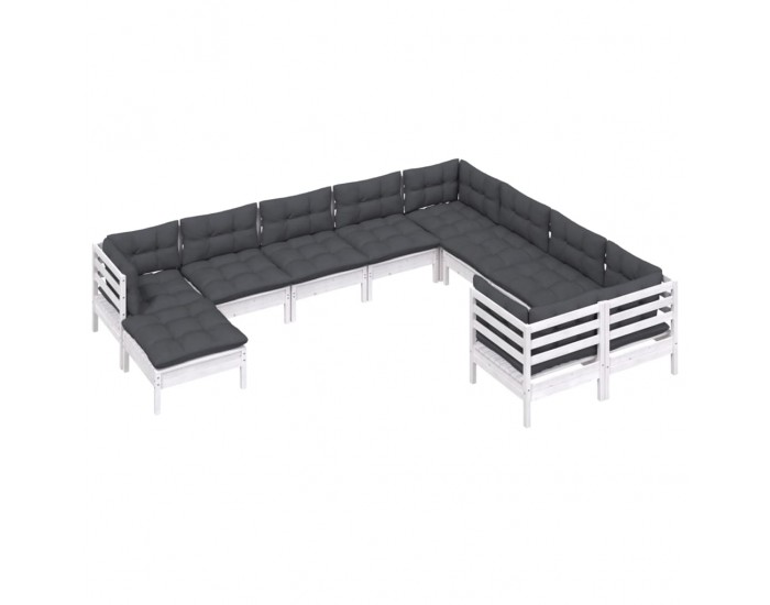 Sonata Set mobilier grădină cu perne, 10 piese, alb, lemn de pin
