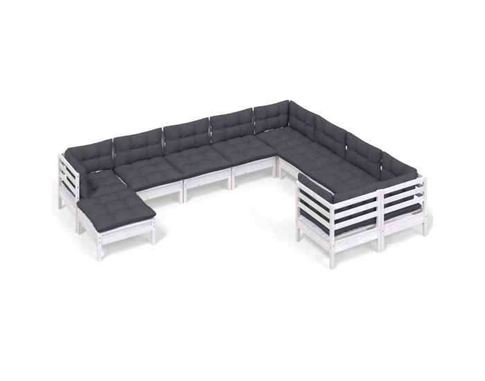 Sonata Set mobilier grădină cu perne, 10 piese, alb, lemn de pin