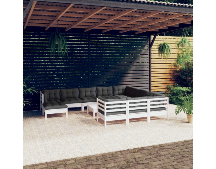 Sonata Set mobilier grădină cu perne, 12 piese, alb, lemn de pin