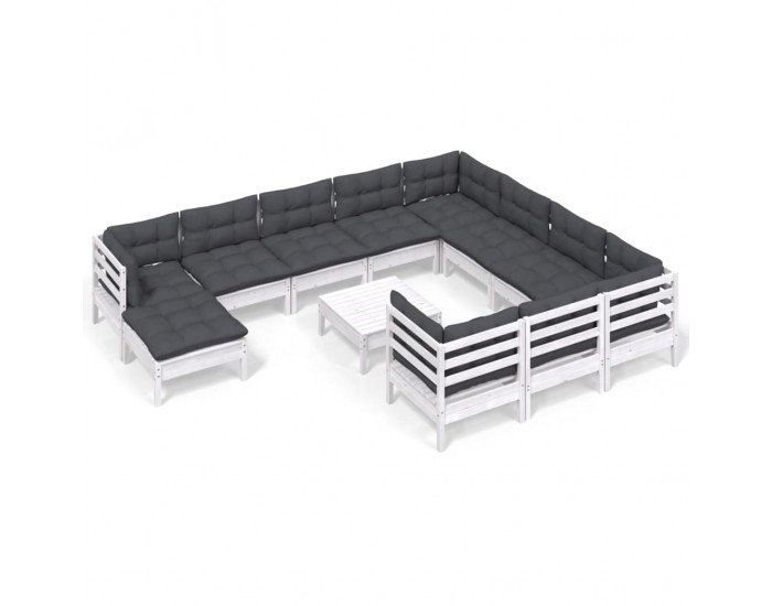 Sonata Set mobilier grădină cu perne, 12 piese, alb, lemn de pin