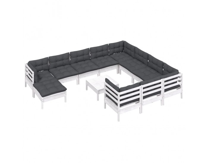 Sonata Set mobilier grădină cu perne, 12 piese, alb, lemn de pin