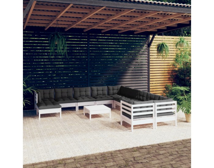Sonata Set mobilier grădină cu perne, 12 piese, alb, lemn de pin