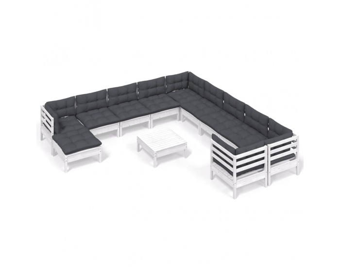 Sonata Set mobilier grădină cu perne, 12 piese, alb, lemn de pin