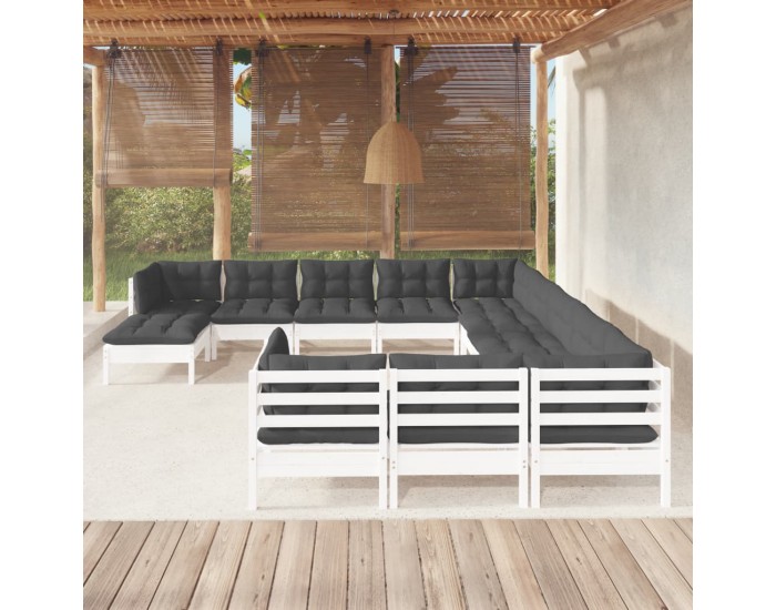 Sonata Set mobilier de grădină cu perne, 12 piese, alb, lemn de pin