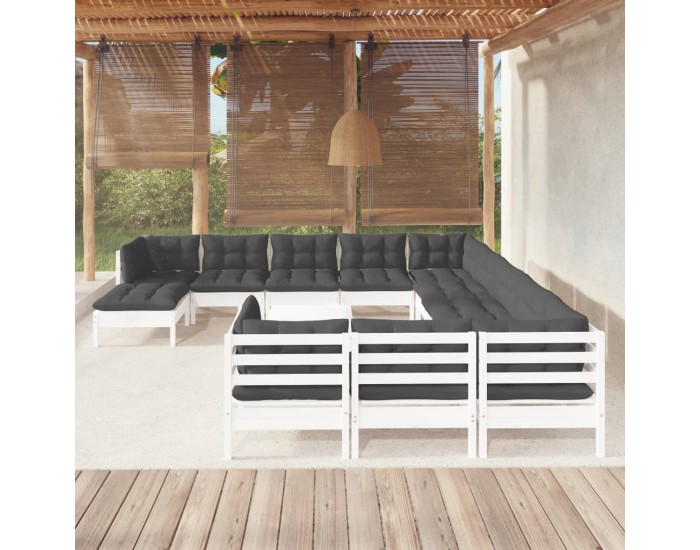 Sonata Set mobilier de grădină cu perne, 13 piese, alb, lemn de pin