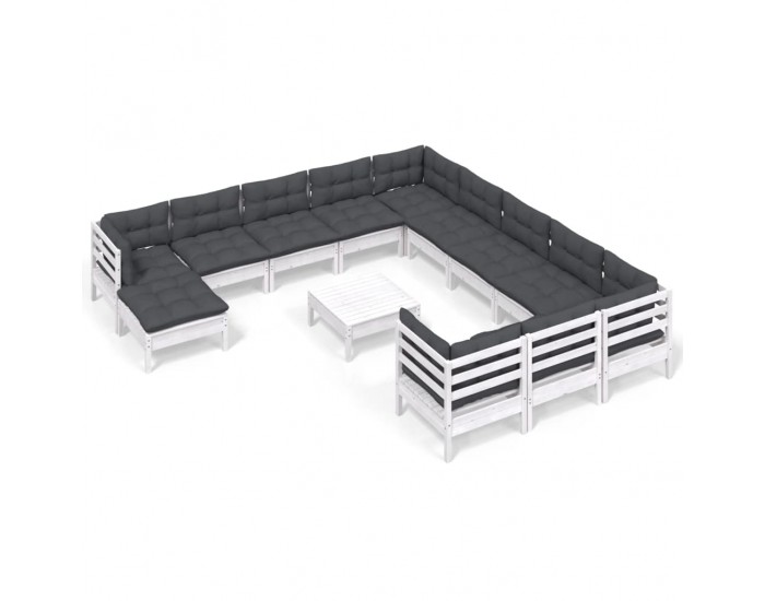Sonata Set mobilier de grădină cu perne, 13 piese, alb, lemn de pin