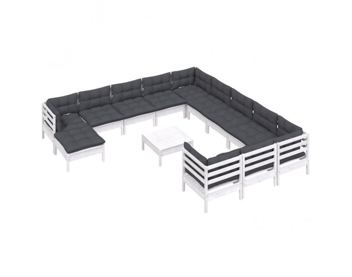 Sonata Set mobilier de grădină cu perne, 13 piese, alb, lemn de pin