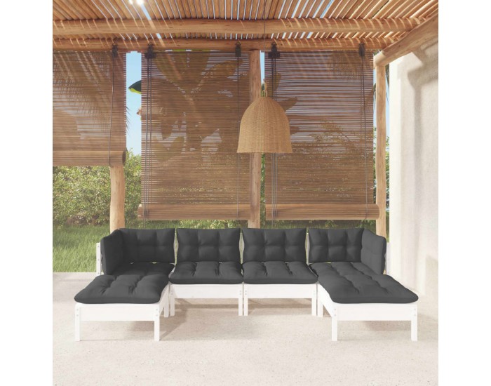 Sonata Set mobilier de grădină cu perne, 6 piese, alb, lemn de pin