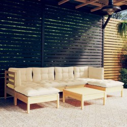 Sonata Set mobilier grădină cu perne crem, 7 piese, lemn masiv pin