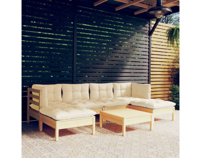 Sonata Set mobilier grădină cu perne crem, 7 piese, lemn masiv pin