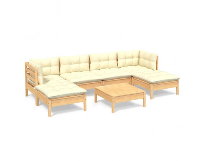 Sonata Set mobilier grădină cu perne crem, 7 piese, lemn masiv pin