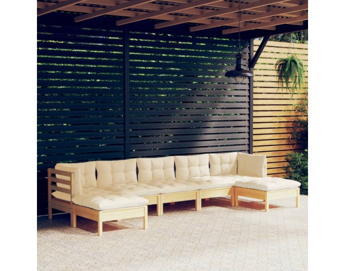 Sonata Set mobilier grădină cu perne crem, 7 piese, lemn masiv pin