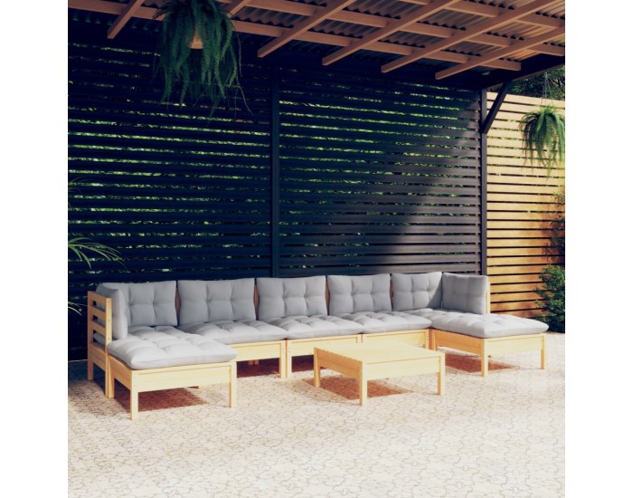Sonata Set mobilier de grădină cu perne, 8 piese, gri, lemn de pin