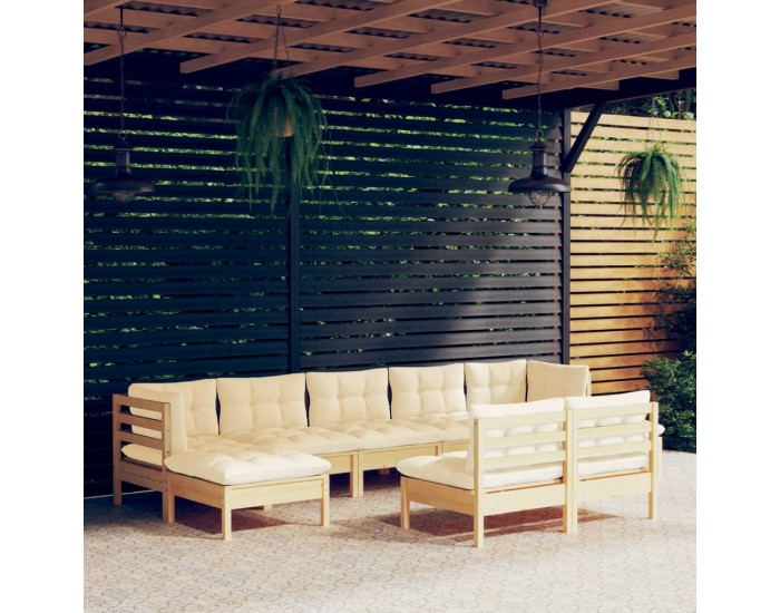 Sonata Set mobilier grădină cu perne, 9 piese, crem, lemn de pin