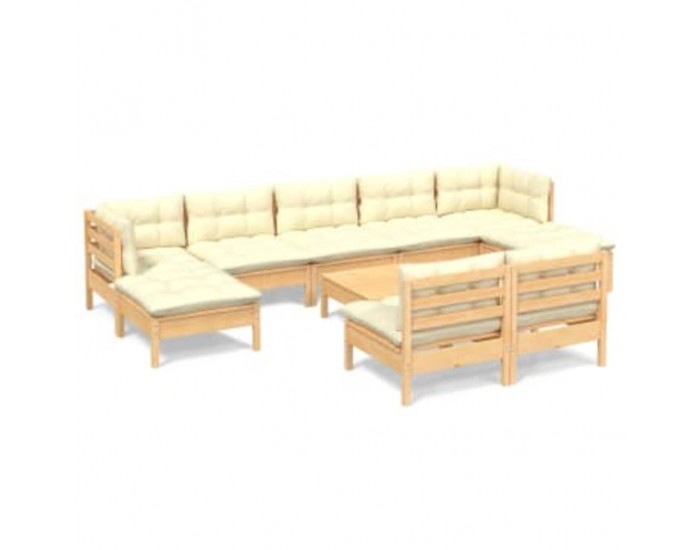 Sonata Set mobilier grădină cu perne crem, 10 piese, lemn masiv de pin