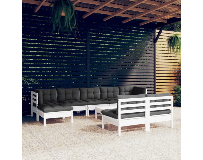 Sonata Set mobilier de grădină cu perne, 10 piese, alb, llemn de pin