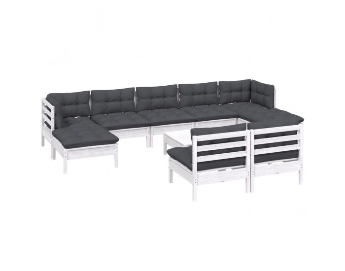 Sonata Set mobilier de grădină cu perne, 10 piese, alb, llemn de pin