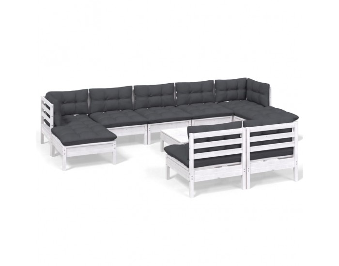 Sonata Set mobilier de grădină cu perne, 10 piese, alb, llemn de pin
