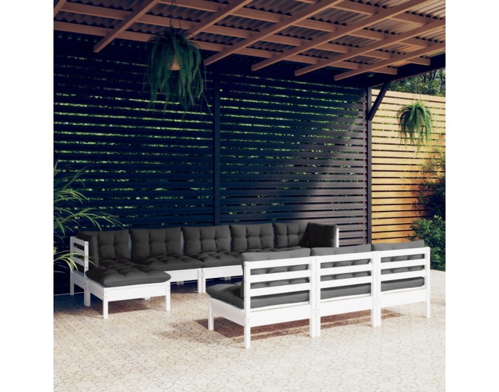Sonata Set mobilier de grădină cu perne, 10 piese, alb, lemn de pin