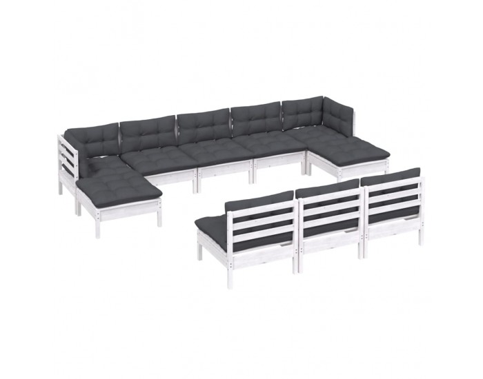 Sonata Set mobilier de grădină cu perne, 10 piese, alb, lemn de pin