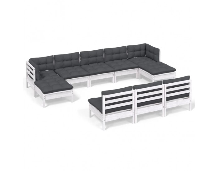 Sonata Set mobilier de grădină cu perne, 10 piese, alb, lemn de pin