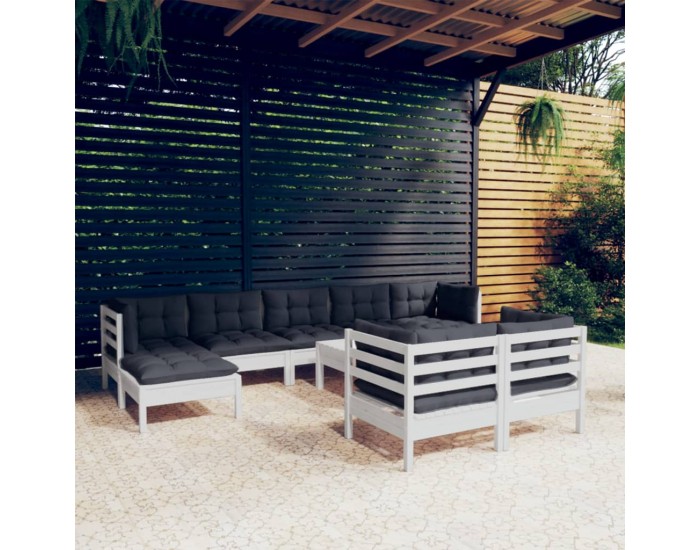 Sonata Set mobilier grădină cu perne, 10 piese, alb, lemn masiv pin