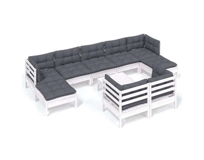 Sonata Set mobilier grădină cu perne, 10 piese, alb, lemn masiv pin