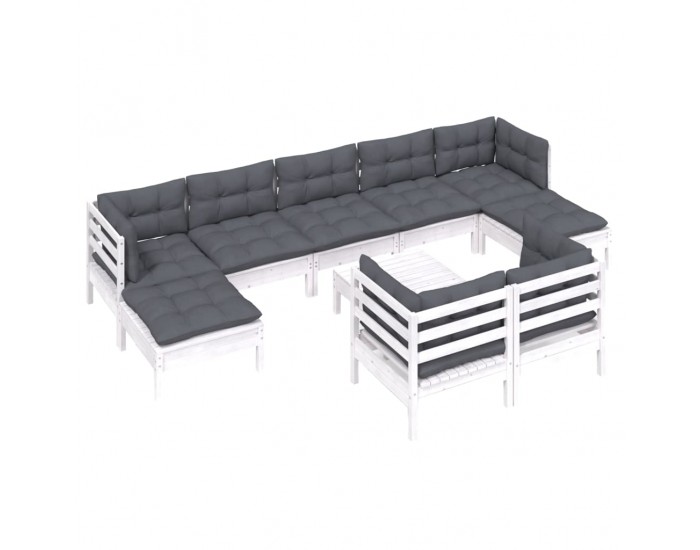 Sonata Set mobilier grădină cu perne, 10 piese, alb, lemn masiv pin