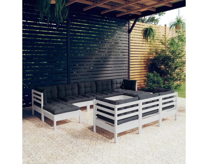 Sonata Set mobilier de grădină cu perne, 10 piese, alb lemn masiv pin