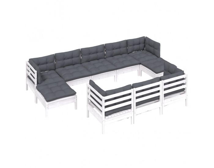 Sonata Set mobilier de grădină cu perne, 10 piese, alb lemn masiv pin